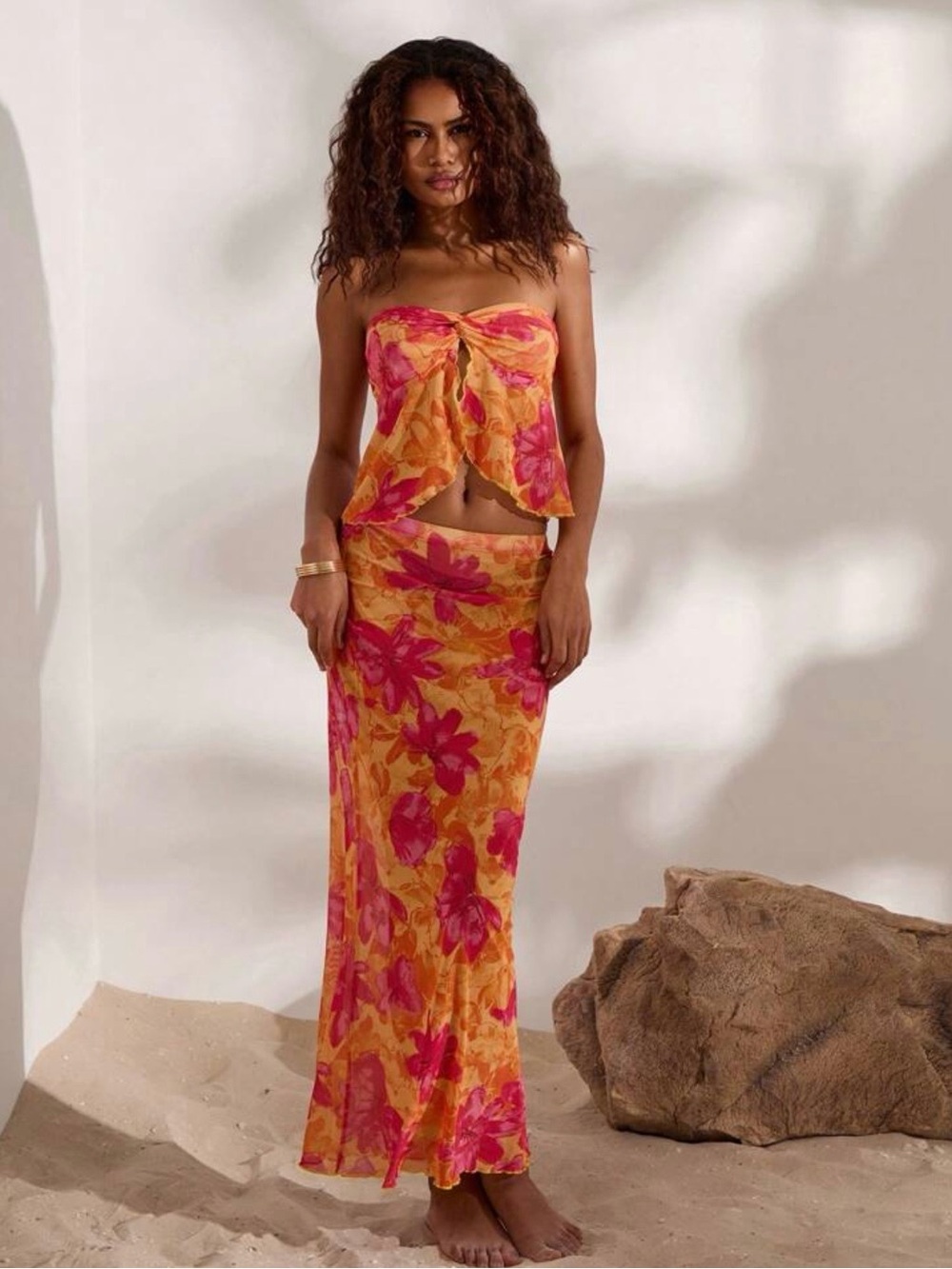Strapless Floral Two-Piece Set in Orange & Pink